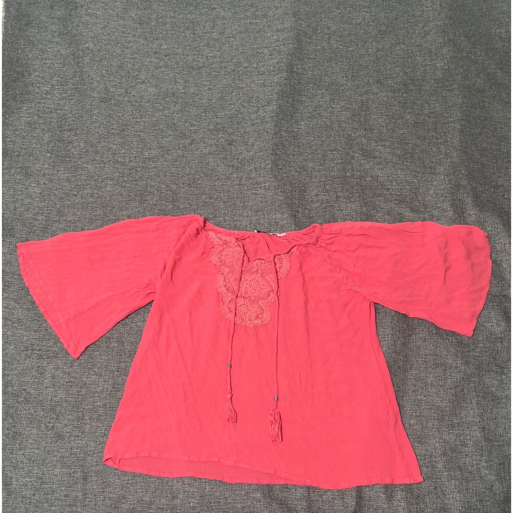 Notations Women's Large Blouse Pink Lace Trim Bell Sleeve Boho Peasant Top